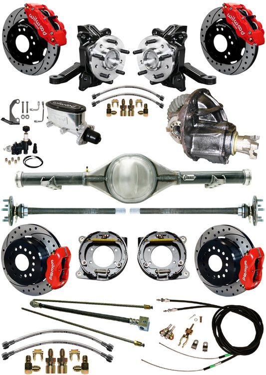 71-87 C10 CURRIE REAR END & 2" DROP WILWOOD BRAKE KIT,12" DRILLED ROTORS,RED