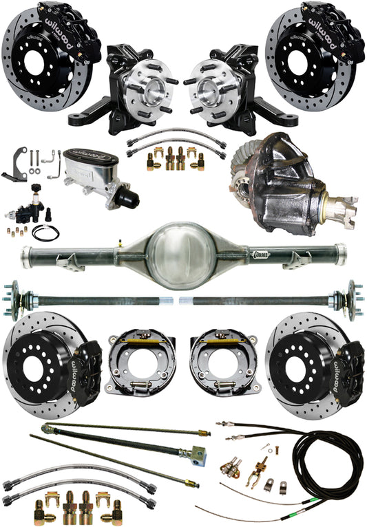 63-70 C10 CURRIE REAR END & 2" DROP WILWOOD BRAKE KIT,13"/12" DRILLED ROTORS,BLK