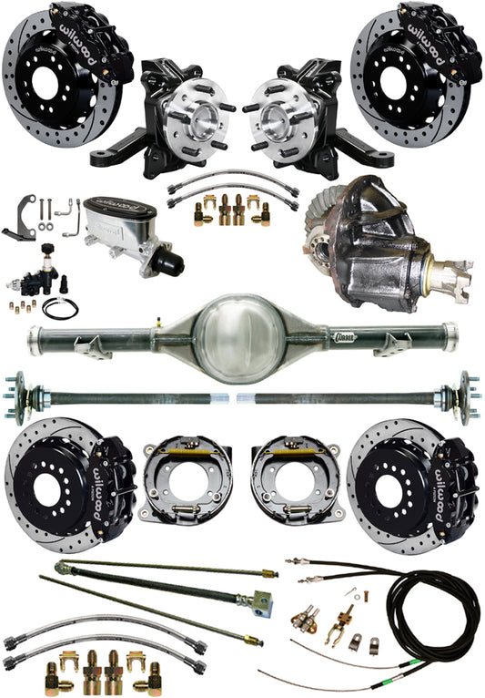 63-70 C10 CURRIE REAR END & 2" DROP WILWOOD BRAKE KIT,13" DRILLED ROTORS,BLACK