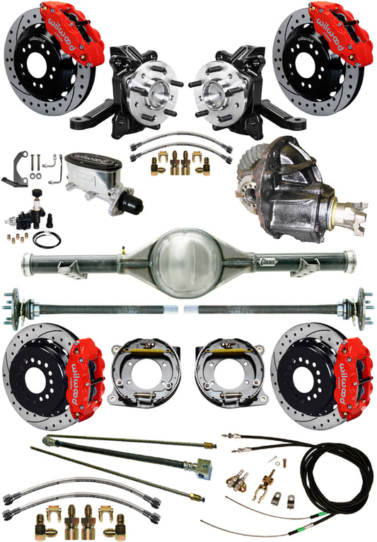 63-70 C10 CURRIE REAR END & 2" DROP WILWOOD BRAKE KIT,13" DRILLED ROTORS,RED