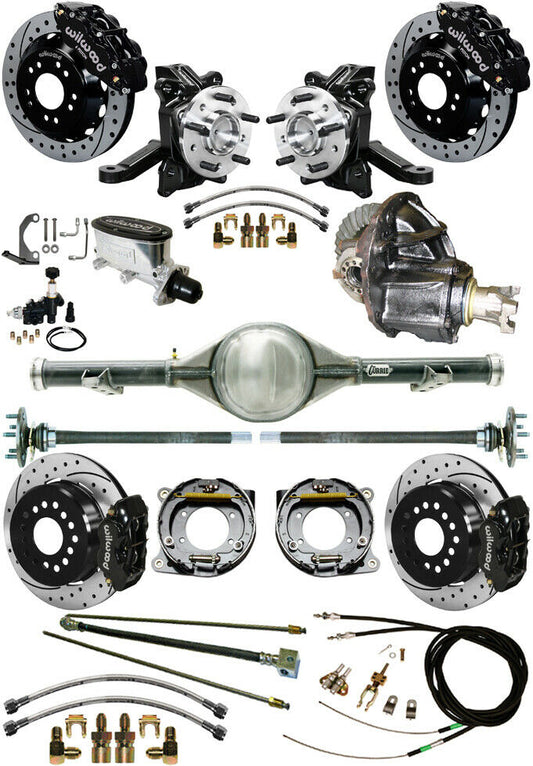71-87 C10 CURRIE REAR END & 2" DROP WILWOOD BRAKE KIT,13"/12" DRILLED ROTORS,BLK