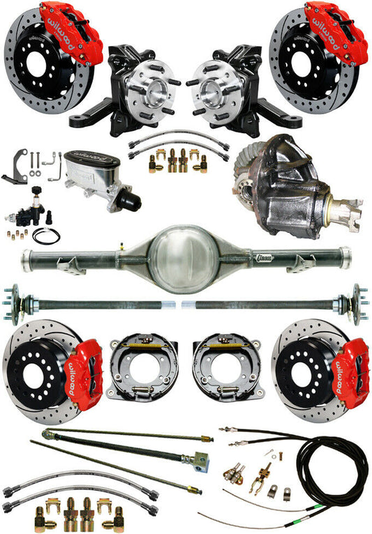 71-87 C10 CURRIE REAR END & 2" DROP WILWOOD BRAKE KIT,13"/12" DRILLED ROTORS,RED
