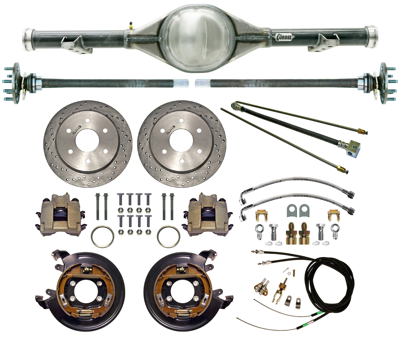 70-87 C10 6-LUG REAR END & BRAKES,11" DRILLED ROTORS,CALIPERS,LINES