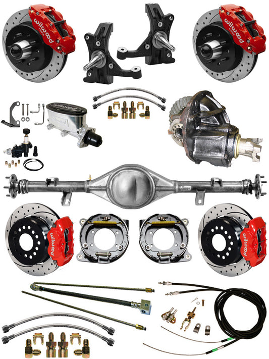 88-98 C1500 CURRIE REAR END & 2" DROP WILWOOD BRAKE KIT,12" DRILLED ROTORS,RED