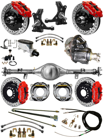 88-98 C1500 CURRIE REAR END & 2" DROP WILWOOD BRAKE KIT,13" DRILLED ROTORS,RED