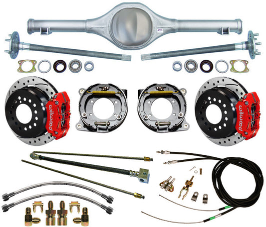 68-70 B MOPAR REAR END & WILWOOD 11" DRILLED DISC BRAKES,LINES,CABLES,RED