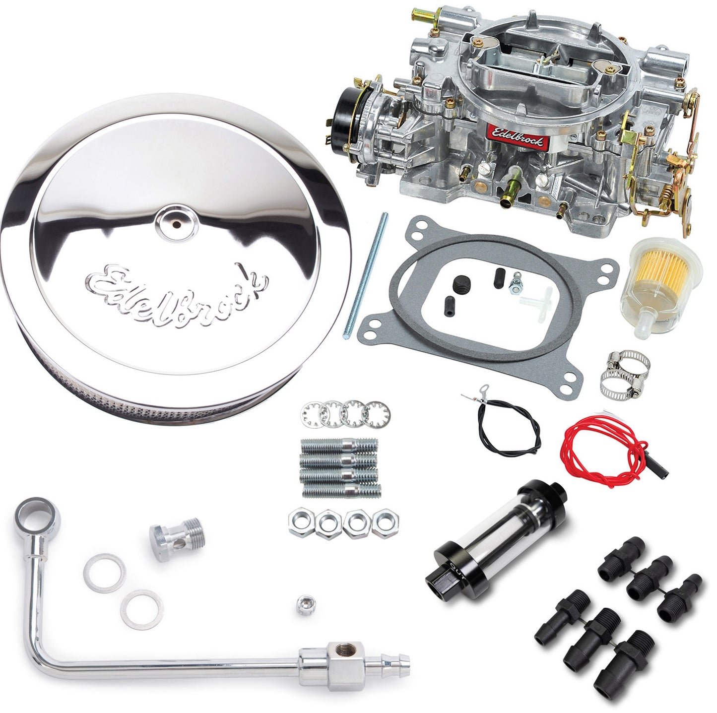 EDELBROCK CARBURETOR,PERFORMER,600 CFM,ELECTRIC,FILTER,LINES,STUDS