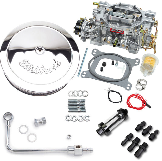 EDELBROCK CARBURETOR,PERFORMER,600 CFM,ELECTRIC,FILTER,LINES,STUDS