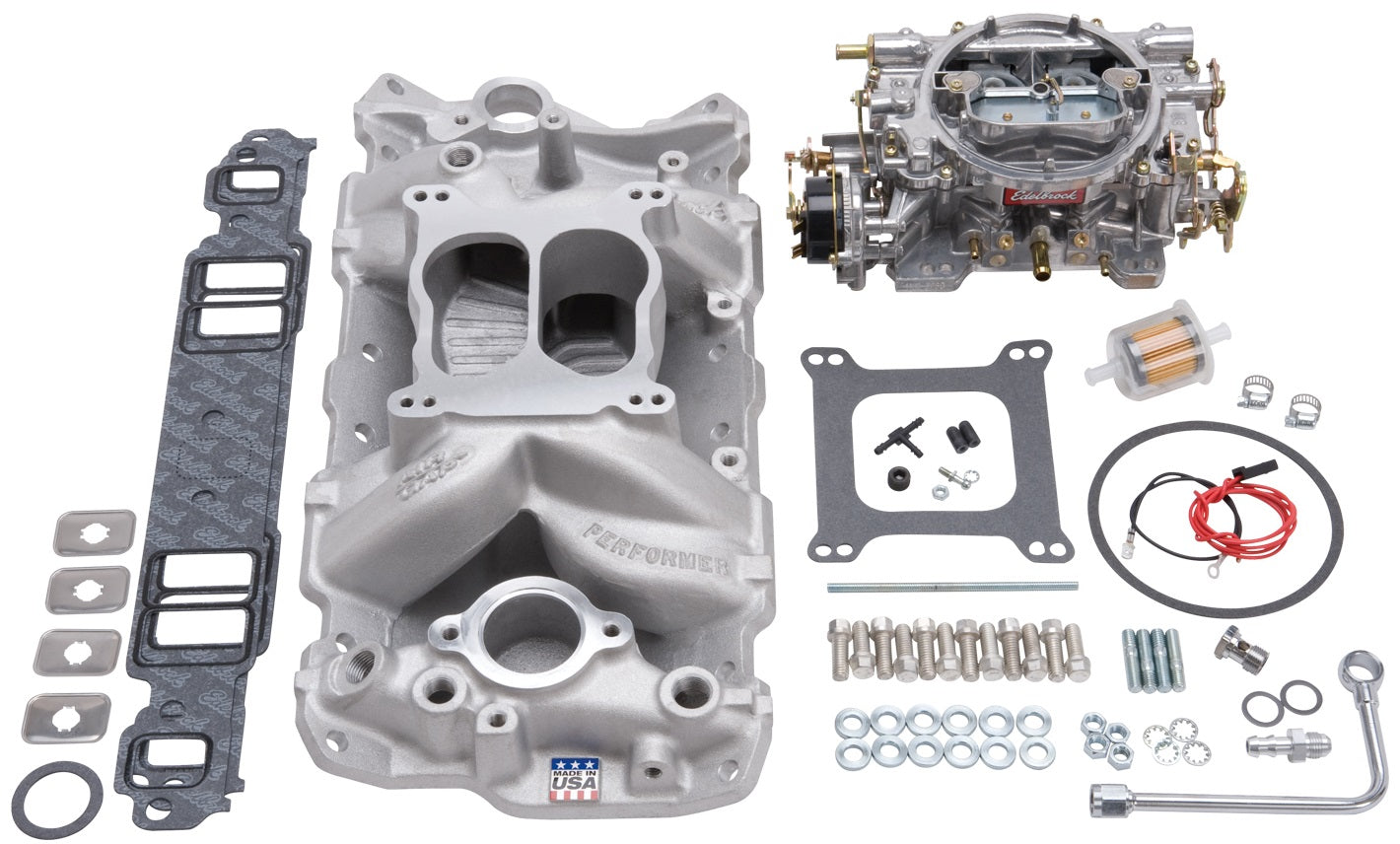 EDELBROCK INDUCTION KIT,SINGLE-QUAD AIR GAP 2601 MANIFOLD & CARB KIT,57-86 SBC
