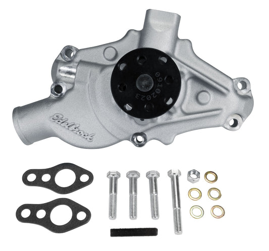 EDELBROCK WATER PUMP,SHORT,1955-68 SBC,69-70 CORVETTE,55-72 TRUCK,SATIN