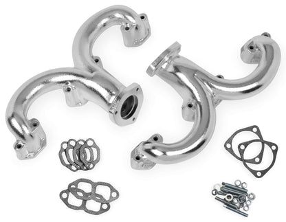 EXHAUST MANIFOLDS,SBC,RAM HORN,2 1/4 OUTLET,SILVER