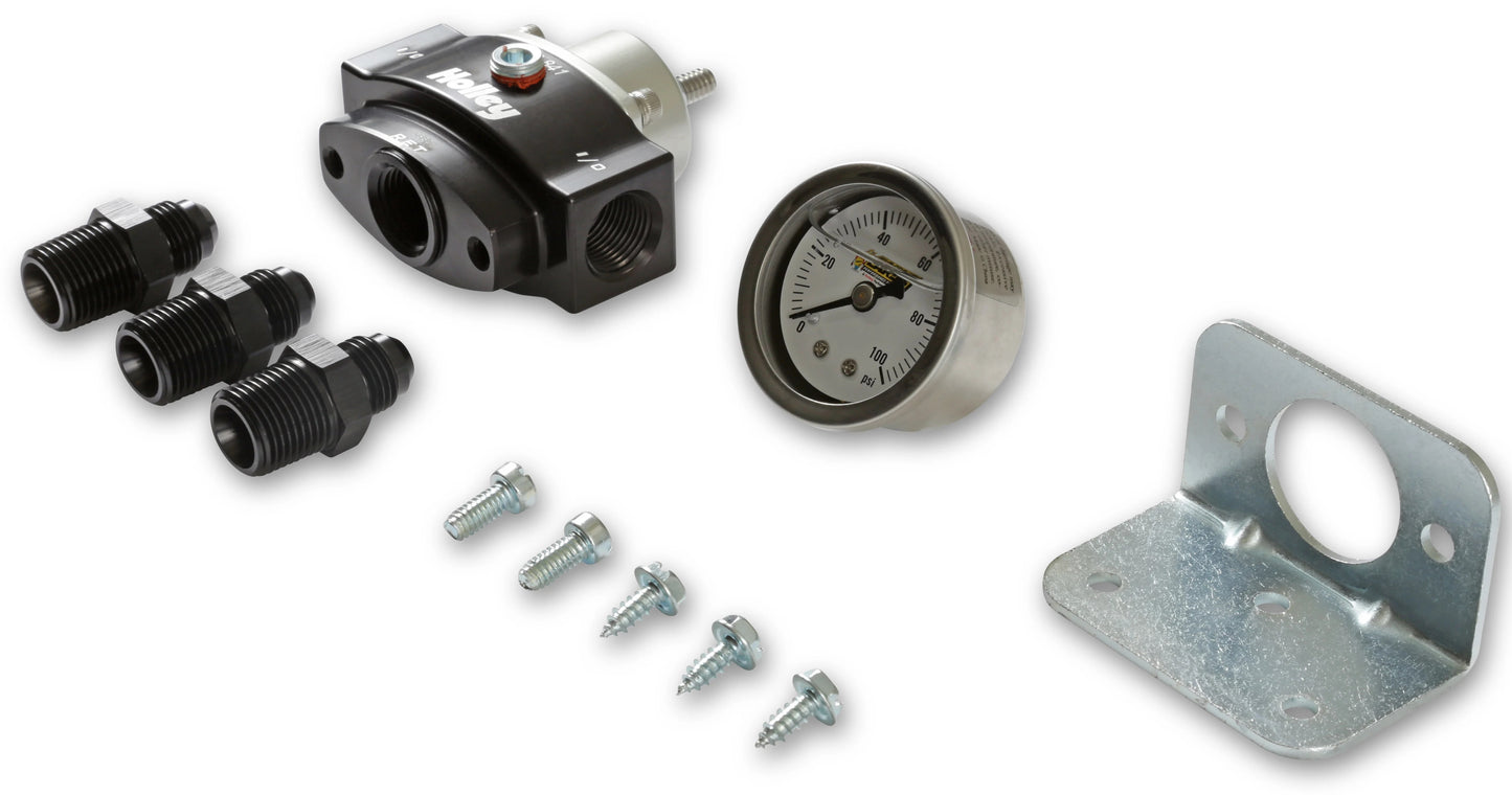 REGULATOR,BYPASS,4.5>9PSI,ADJ,BILLET,-6AN PORTS,W/FITTINGS & GAUGE,BLACK
