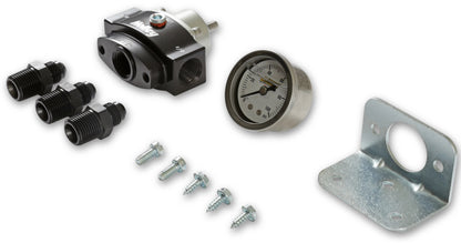 REGULATOR,BYPASS,4.5>9PSI,ADJ,BILLET,-6AN PORTS,W/FITTINGS & GAUGE,BLACK