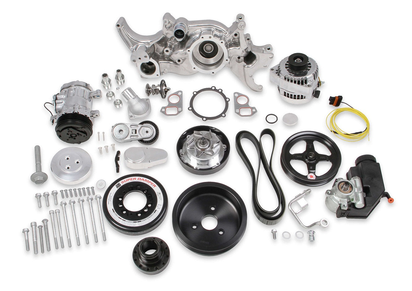 LS FRONT ENGINE KIT,MID,A/C,ALTERNATOR,POWER STEERING,POLISHED