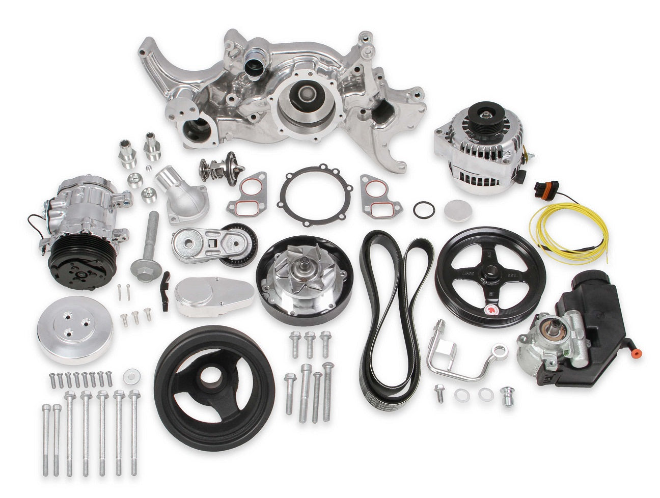 LS FRONT ENGINE KIT,MID,A/C,ALTERNATOR,POWER STEERING,POLISHED