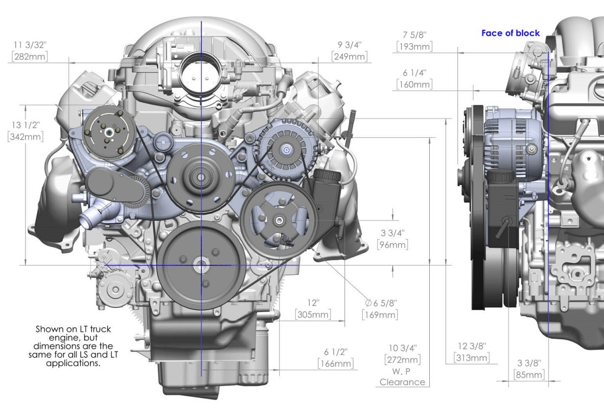 LS FRONT ENGINE KIT,MID,A/C,ALTERNATOR,POWER STEERING,POLISHED
