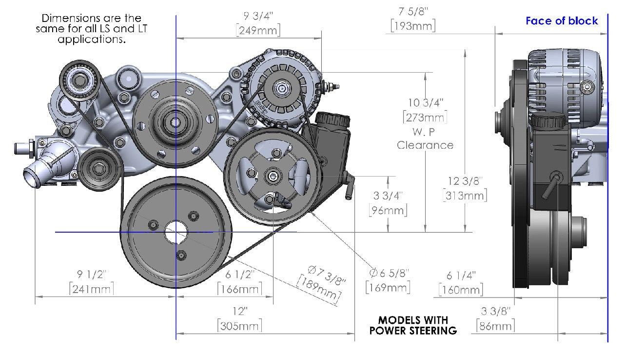 LS RACING FRONT ENGINE KIT,MID,ALTERNATOR,POWER STEERING,POLISHED