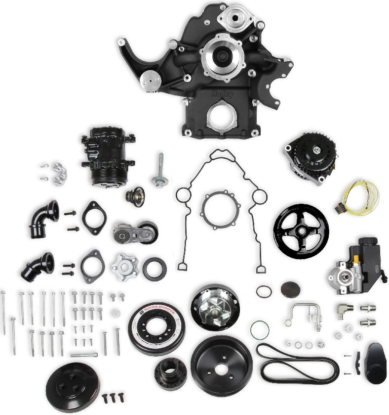 HEMI FRONT ENGINE KIT,MID-MOUNT,WP,AC,ALTERNATOR,PS,BLACK,SFI DAMPENER