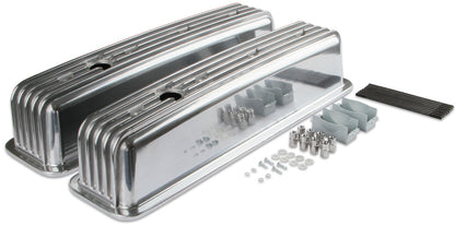 VALVE COVERS,SBC,87-97,CENTER BOLT,ALUM,FINNED,POLISHED