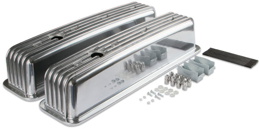 VALVE COVERS,SBC,87-97,CENTER BOLT,ALUM,FINNED,POLISHED