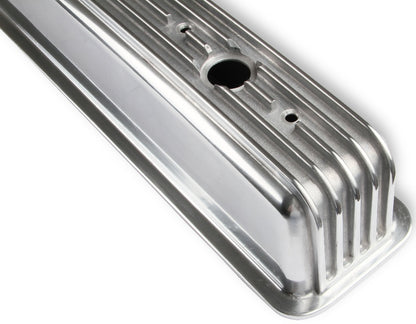 VALVE COVERS,SBC,87-97,CENTER BOLT,ALUM,FINNED,POLISHED