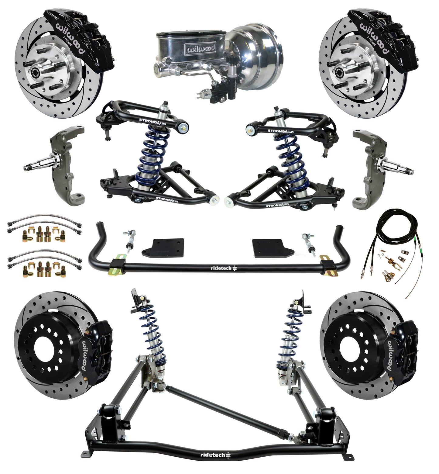 COILOVER & 4-LINK SYSTEM,WILWOOD 12" DRILL BRAKES,BLACK 6 PISTON CAL,55-57 CHEVY