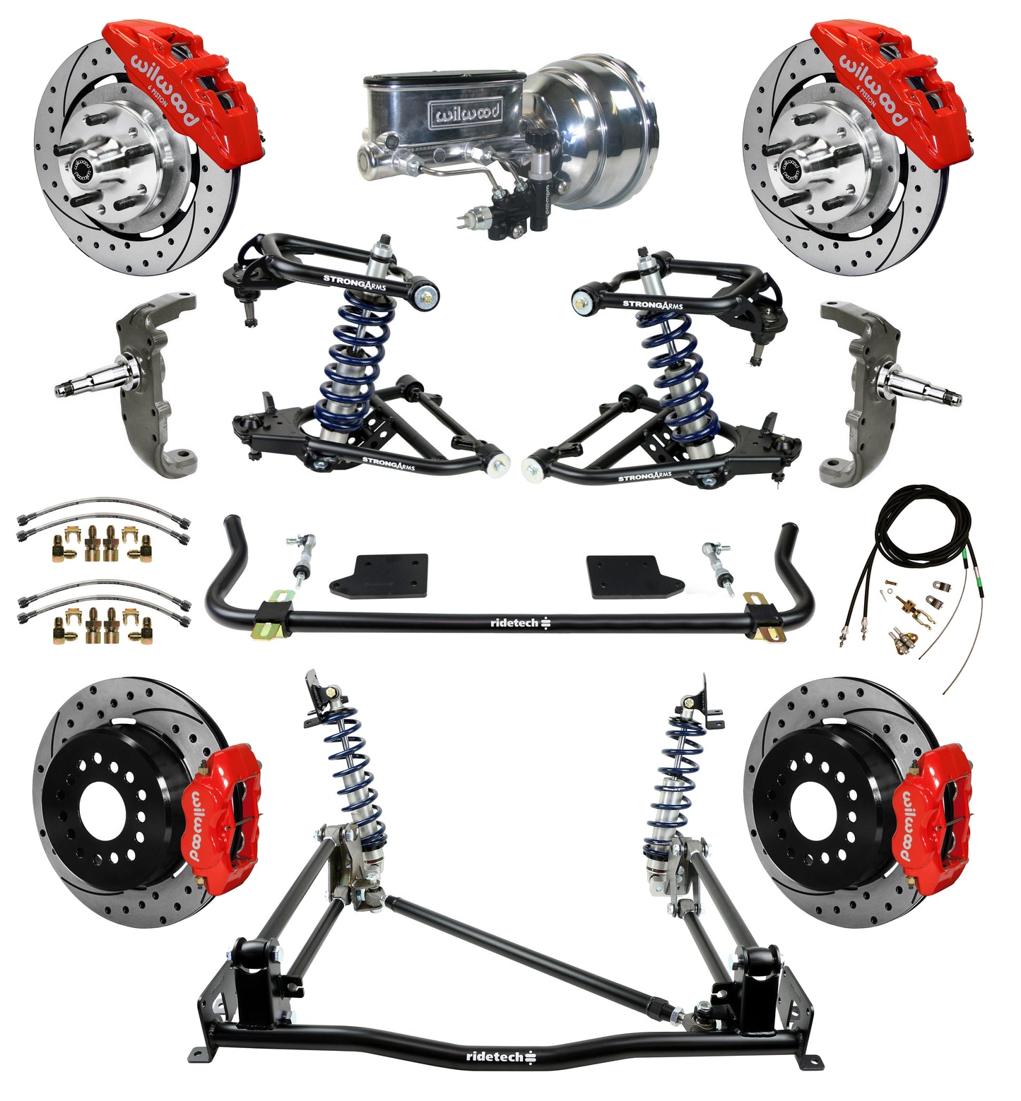 COILOVER & 4-LINK SYSTEM,WILWOOD 12" DRILL BRAKES,RED 6 PISTON CALIP,55-57 CHEVY