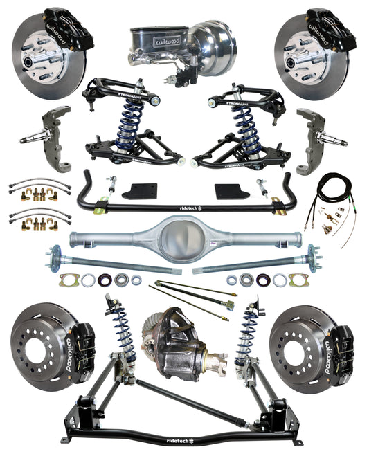 COILOVER & 4-LINK SYSTEM,CURRIE REAR END,WILWOOD 11" BRAKES,BLACK,55-57 CHEVY