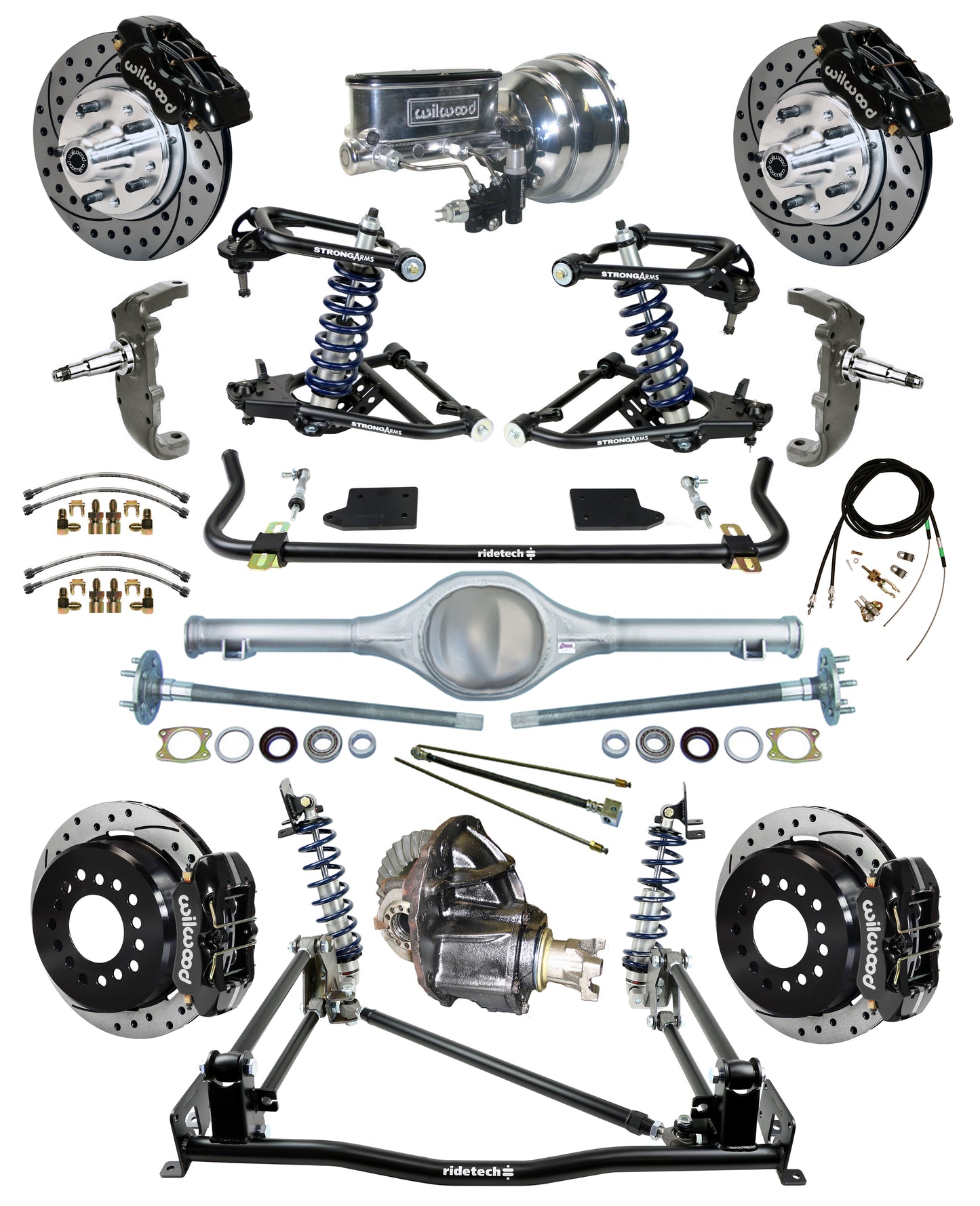 COILOVER & 4-LINK SYSTEM,CURRIE REAR END,WILWOOD 11" DRILLED BRAKES,BLACK,55-57