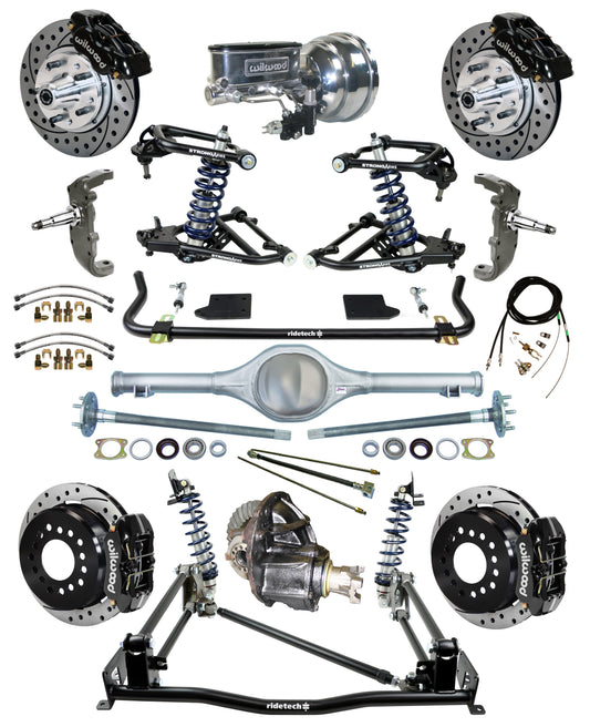 COILOVER & 4-LINK SYSTEM,CURRIE REAR END,WILWOOD 11" DRILLED BRAKES,BLACK,55-57