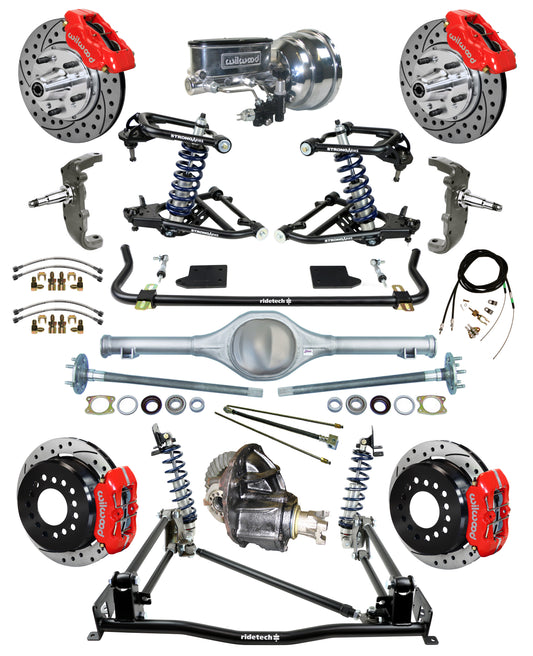 COILOVER & 4-LINK SYSTEM,CURRIE REAR END,WILWOOD 11" DRILLED BRAKES,RED,55-57