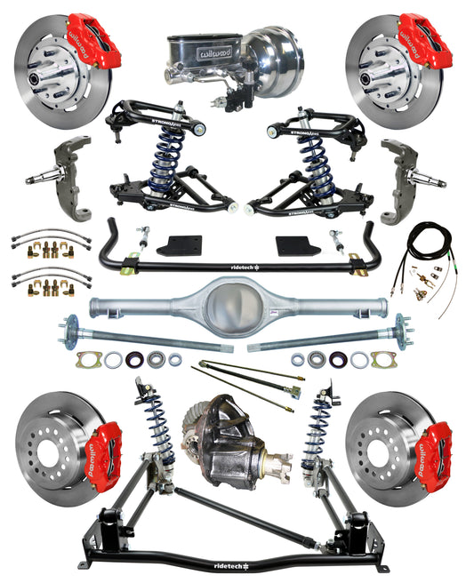 COILOVER & 4-LINK SYSTEM,CURRIE REAR END,WILWOOD 12" BRAKES,RED,55-57 CHEVY