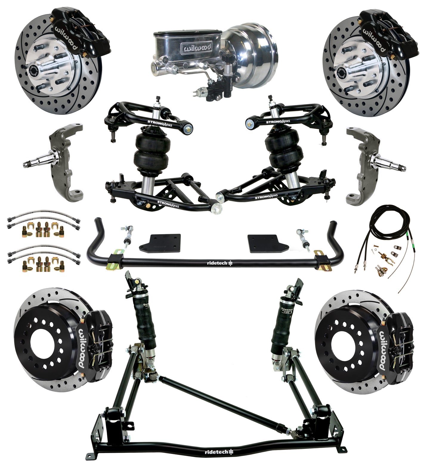 AIR RIDE & 4-LINK SYSTEM,ARMS,WILWOOD 11" DRILLED BRAKES,BLACK CAL.,55-57 CHEVY