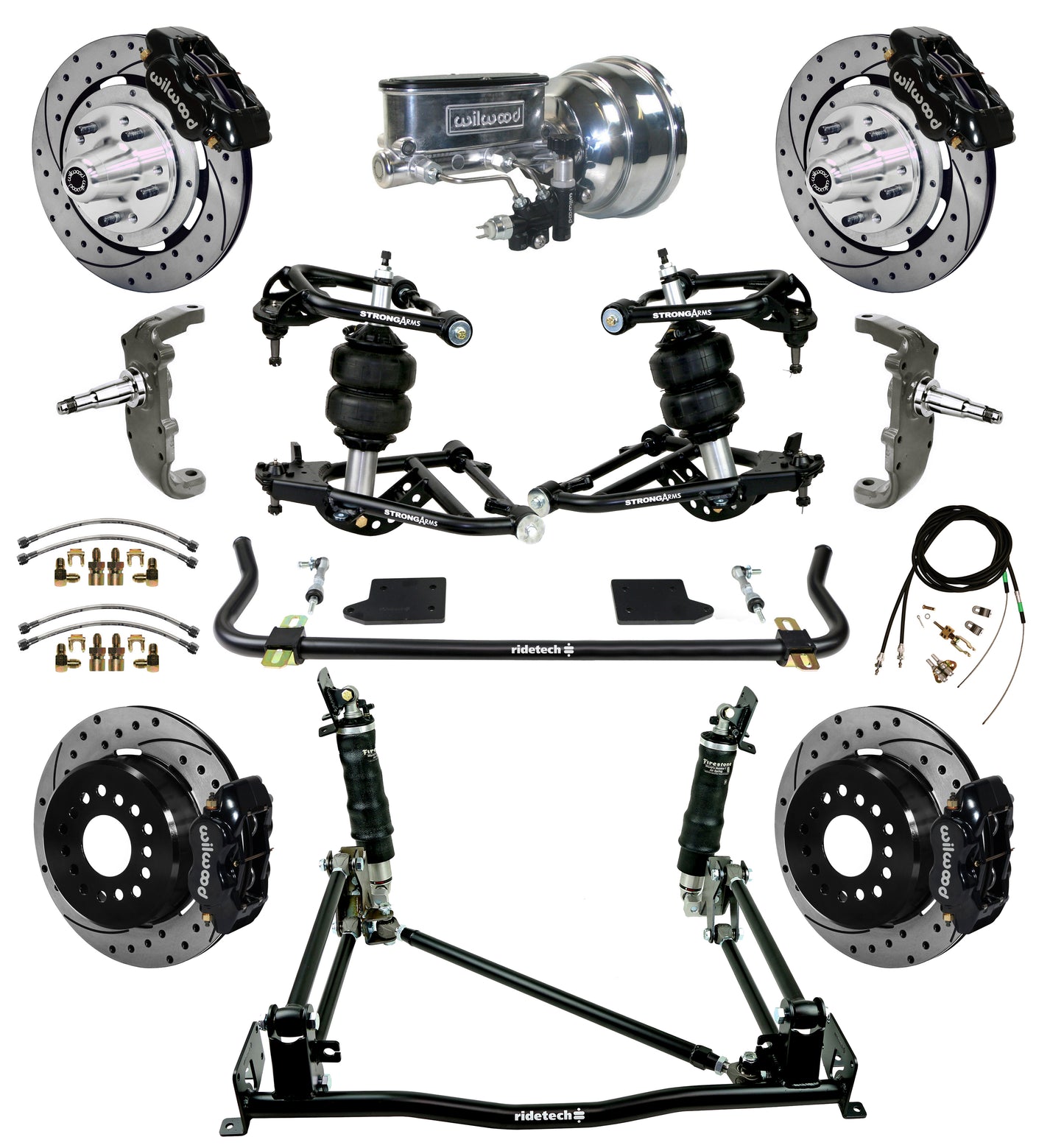AIR RIDE & 4-LINK SYSTEM,ARMS,WILWOOD 12" DRILLED BRAKES,BLACK CAL.,55-57 CHEVY