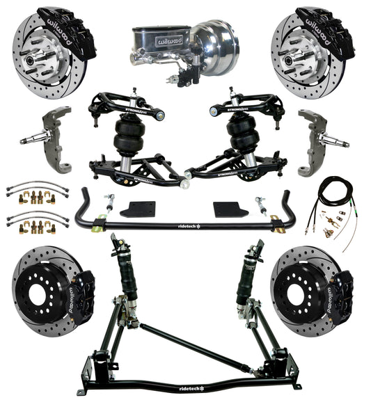 AIR RIDE & 4-LINK SYSTEM,WILWOOD 12" DRILL BRAKES,BLACK 6 PISTON CAL,55-57 CHEVY