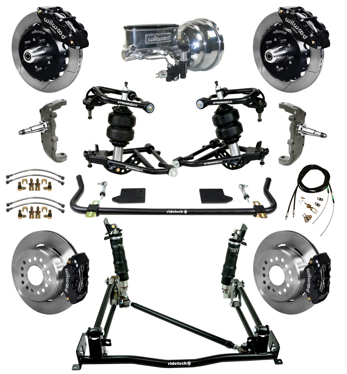 AIR RIDE & 4-LINK SYSTEM,WILWOOD 13" FRONT/12" REAR BRAKES,BLACK,55-57 CHEVY