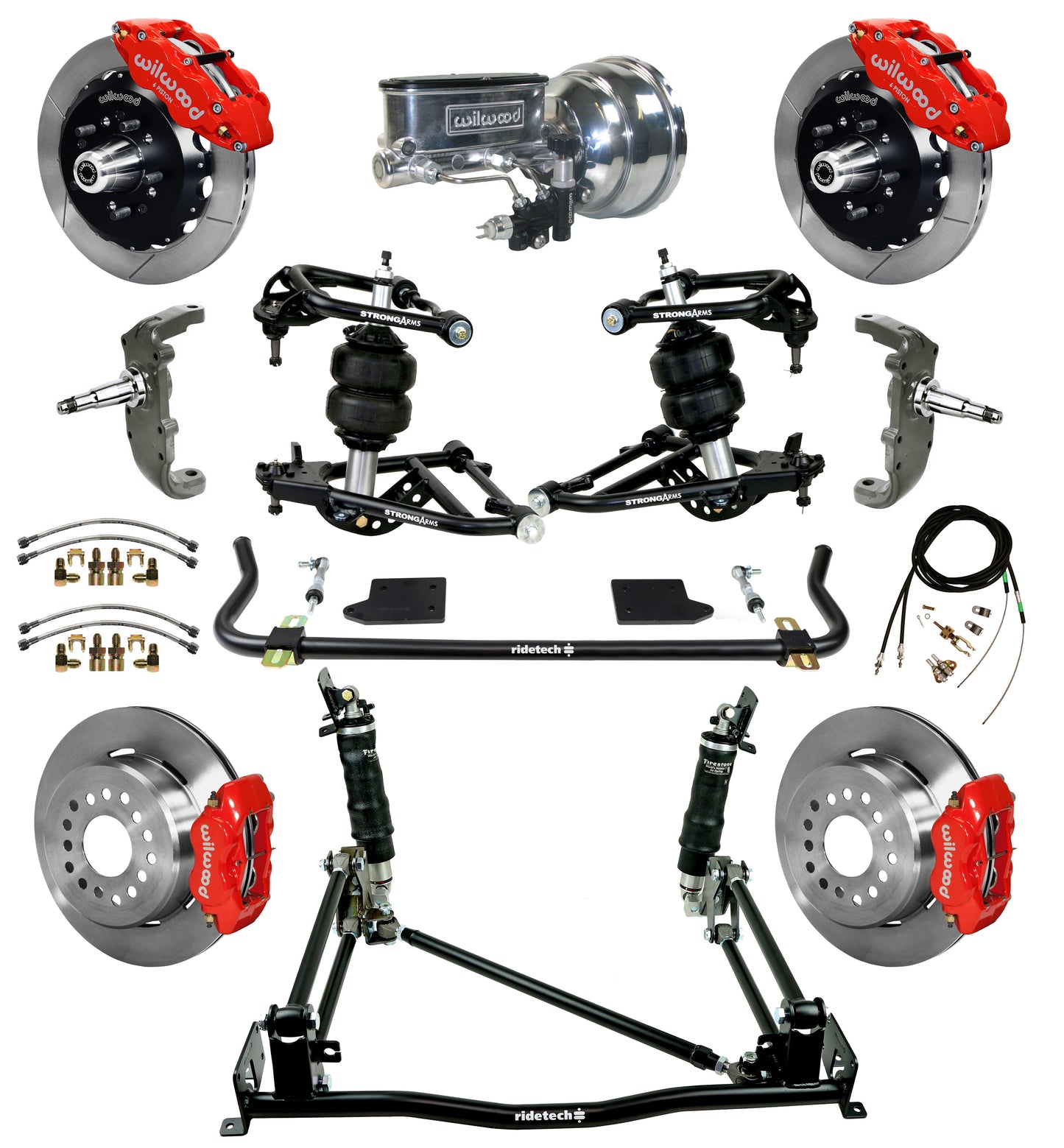 AIR RIDE & 4-LINK SYSTEM,WILWOOD 13" FRONT/12" REAR BRAKES,RED,55-57 CHEVY
