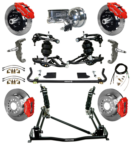 AIR RIDE & 4-LINK SYSTEM,WILWOOD 13" FRONT/12" REAR BRAKES,RED,55-57 CHEVY