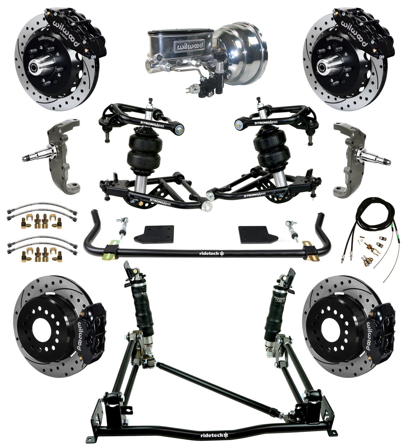 AIR RIDE & 4-LINK SYSTEM,WILWOOD 13" FRONT/12" REAR DRILLED BRAKES,BLACK,55-57