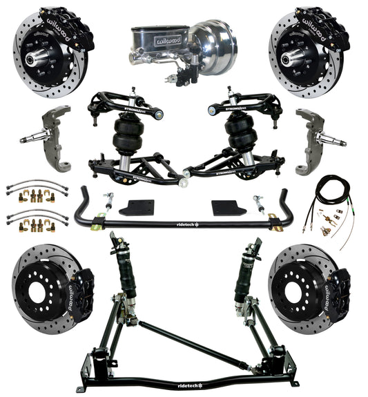 AIR RIDE & 4-LINK SYSTEM,WILWOOD 13" FRONT/12" REAR DRILLED BRAKES,BLACK,55-57