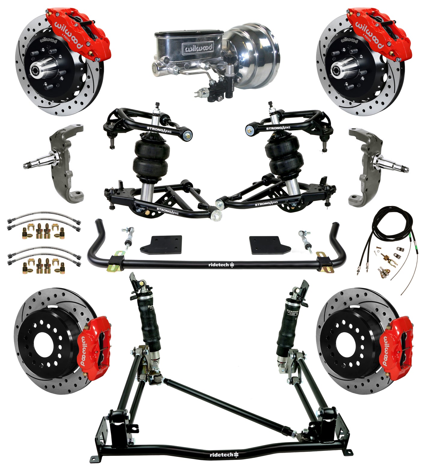 AIR RIDE & 4-LINK SYSTEM,WILWOOD 13" FRONT/12" REAR DRILLED BRAKES,RED,55-57