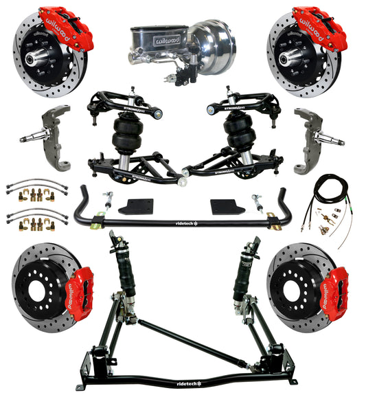 AIR RIDE & 4-LINK SYSTEM,WILWOOD 13" FRONT/12" REAR DRILLED BRAKES,RED,55-57