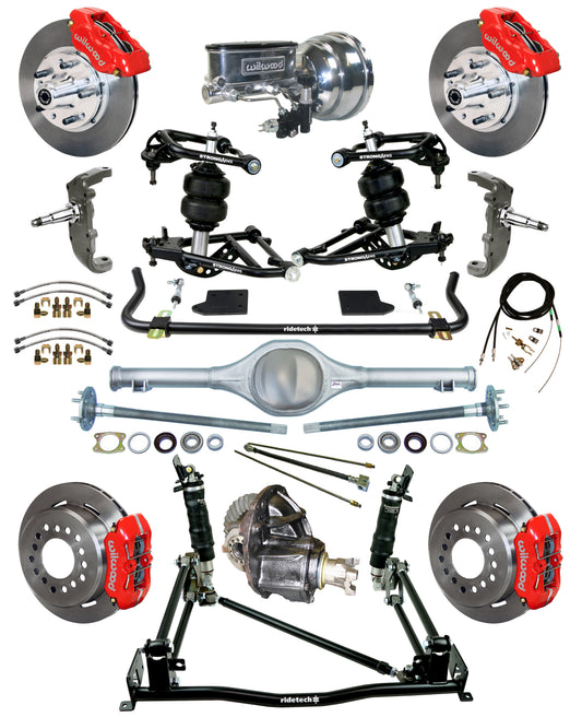 AIR RIDE & 4-LINK SYSTEM,CURRIE REAR END,WILWOOD 11" BRAKES,RED,55-57 CHEVY