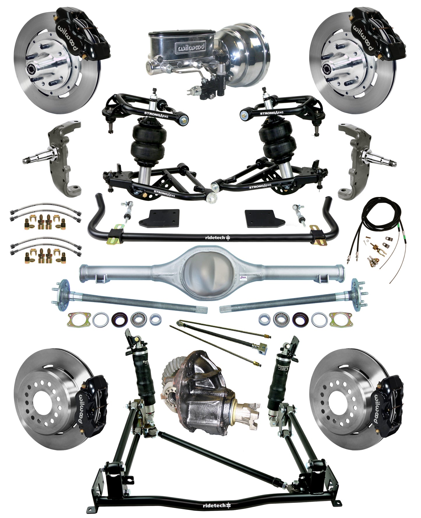 AIR RIDE & 4-LINK SYSTEM,CURRIE REAR END,WILWOOD 12" BRAKES,BLACK,55-57 CHEVY