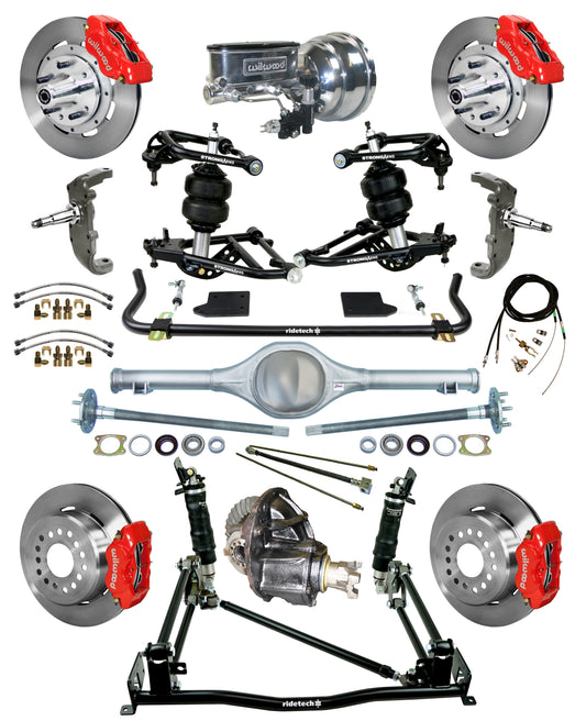 AIR RIDE & 4-LINK SYSTEM,CURRIE REAR END,WILWOOD 12" BRAKES,RED,55-57 CHEVY
