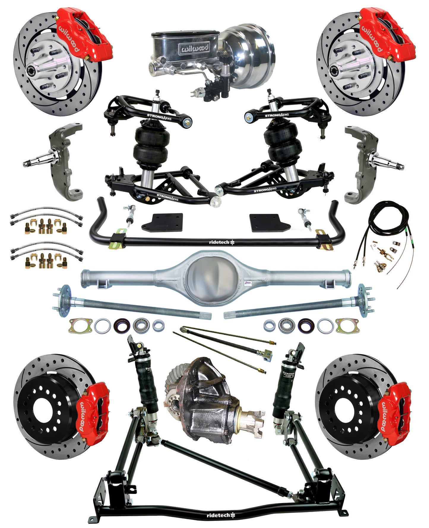 AIR RIDE & 4-LINK SYSTEM,CURRIE REAR END,WILWOOD 12" DRILLED BRAKES,RED,55-57