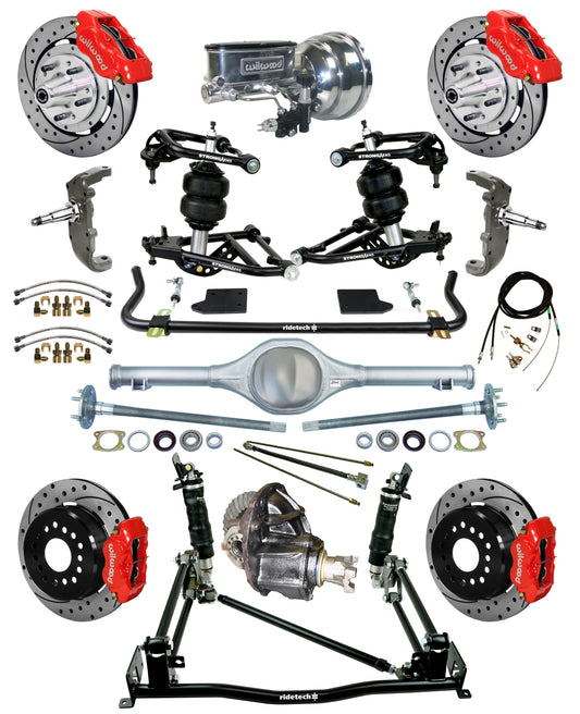 AIR RIDE & 4-LINK SYSTEM,CURRIE REAR END,WILWOOD 12" DRILLED BRAKES,RED,55-57