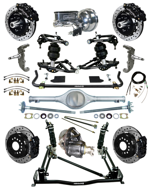 AIR RIDE & 4-LINK SYSTEM,CURRIE REAR END,WILWOOD 13"/12" DRILLED,BLACK,55-57