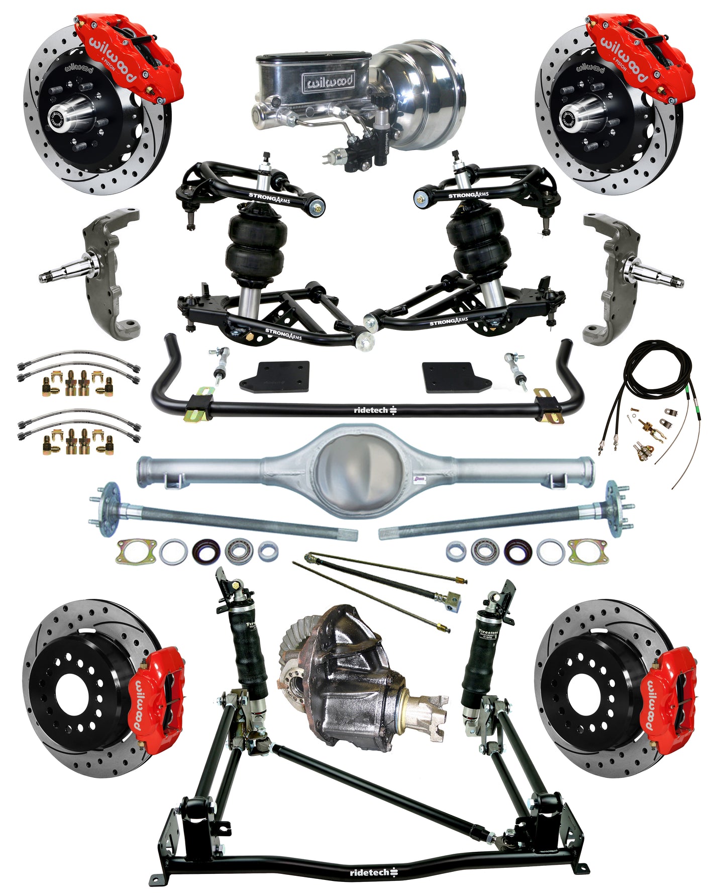 AIR RIDE & 4-LINK SYSTEM,CURRIE REAR END,WILWOOD 13"/12" DRILLED,RED,55-57
