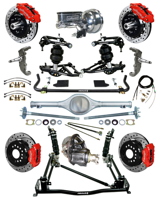 AIR RIDE & 4-LINK SYSTEM,CURRIE REAR END,WILWOOD 13"/12" DRILLED,RED,55-57